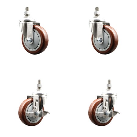 Service Caster 4 Inch 316SS Maroon Polyurethane 12mm Threaded Stem Caster Brakes SCC, 2PK SS316TS20S414-PPUB-MRN-M1215-2-TLB-2